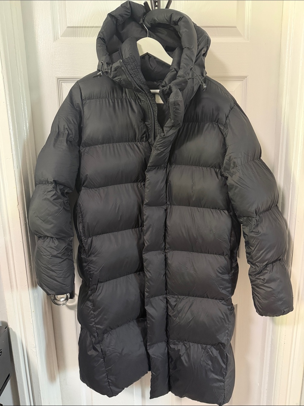HALARA womenโs Black Long Puffer Coat with Hood